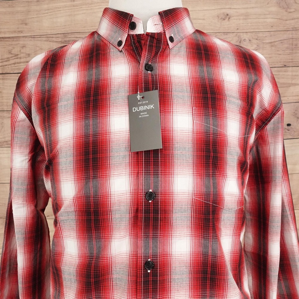 DUBINIK Shirt Mens XL Red Plaid Long Sleeve Button-Up Cotton Blend Western